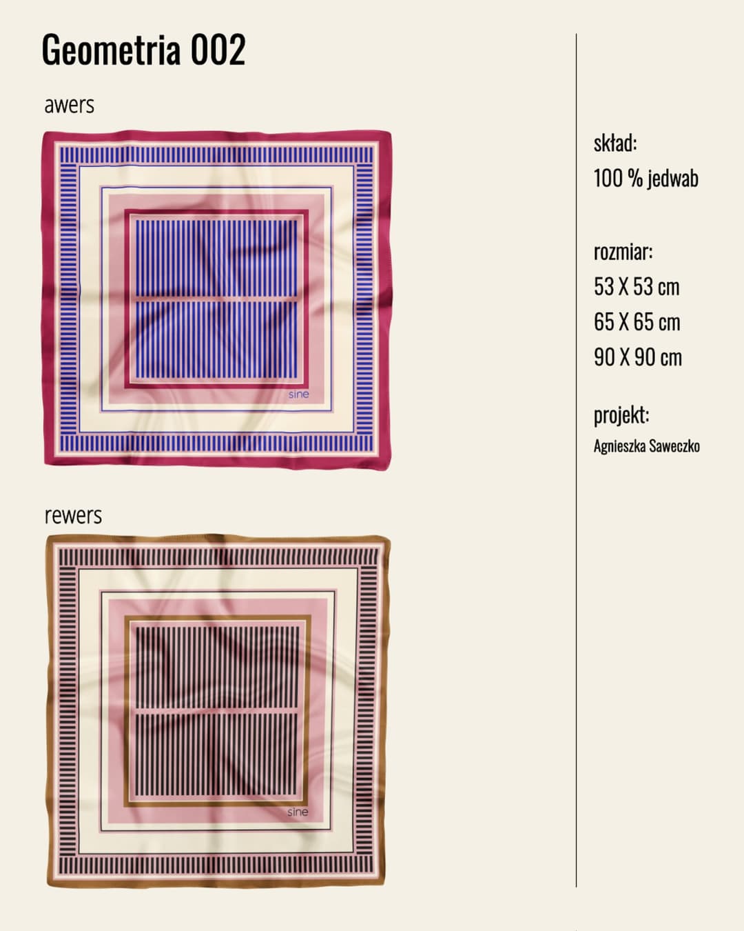 Kolekcja „Geometria” powstała z okazji 5-cio lecia Sine Silk. Projekt czerpie inspiracje z geometrycznej estetyki lat 60tych i 70tych XX wieku oraz z twórczości Sol LeWitta - amerykańskiego artysty i pioniera sztuki konceptualnej, znanego z rytmicznych układów linii oraz modułowej kompozycji.
Kolekcja to 3 wzory - każdy w trzech rozmiarach i każdy o podwójnej kolorystyce.
•
#sinesilk #sinegirl #silkscarf #jedwabnaapaszka #polskamarkamodowa #ilovesilk (3/5)