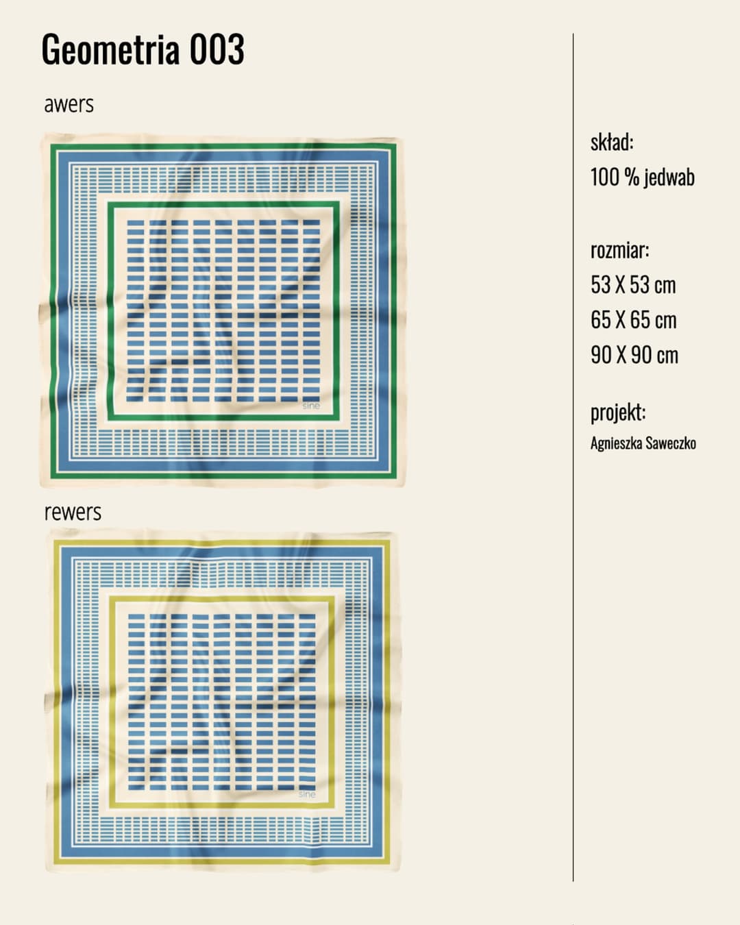 Kolekcja „Geometria” powstała z okazji 5-cio lecia Sine Silk. Projekt czerpie inspiracje z geometrycznej estetyki lat 60tych i 70tych XX wieku oraz z twórczości Sol LeWitta - amerykańskiego artysty i pioniera sztuki konceptualnej, znanego z rytmicznych układów linii oraz modułowej kompozycji.
Kolekcja to 3 wzory - każdy w trzech rozmiarach i każdy o podwójnej kolorystyce.
•
#sinesilk #sinegirl #silkscarf #jedwabnaapaszka #polskamarkamodowa #ilovesilk (4/5)